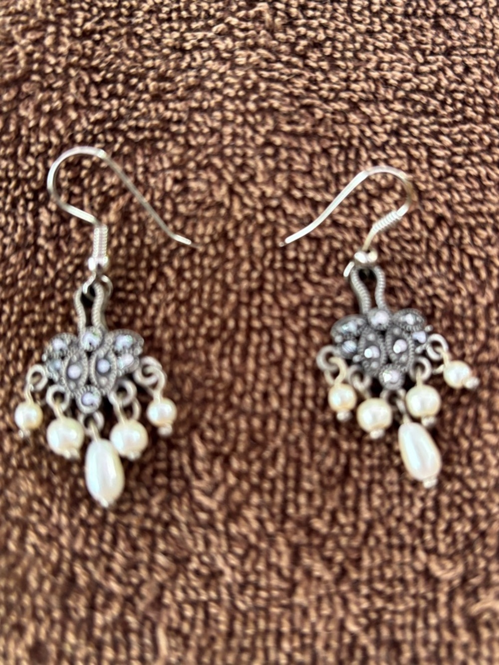 Silver Filigree Pearl Drop Earrings - Ivory Pearls